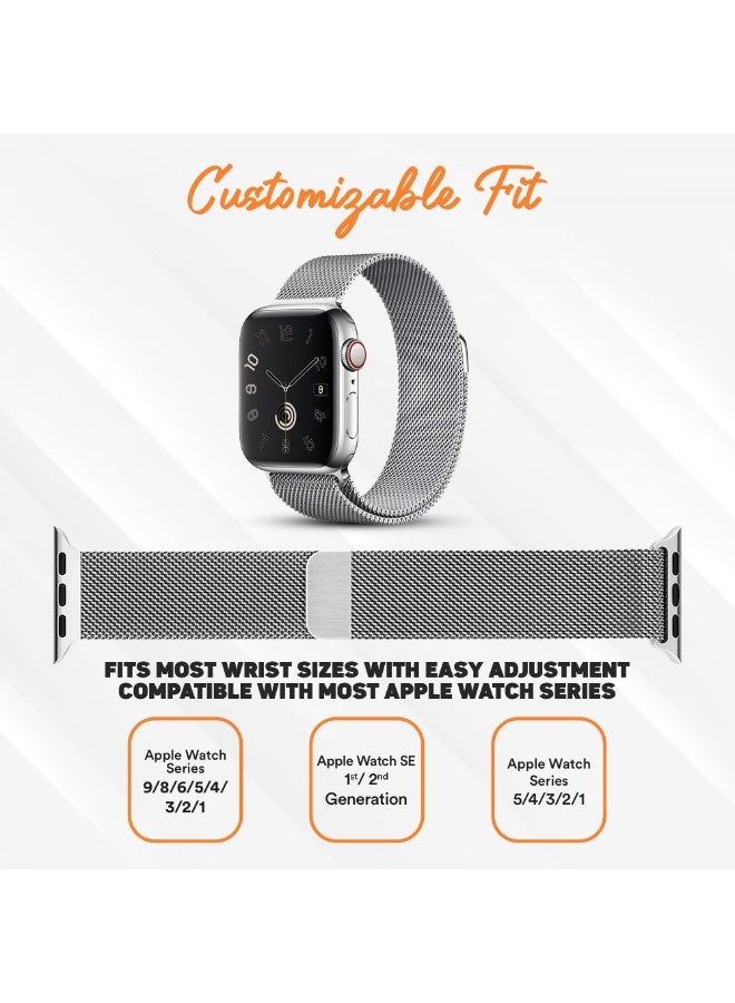 FITIT حزام ميلانيزي من الفولاذ المقاوم للصدأ FITIT بديل لسلسلة iWatch 9 وما دون، 42mm 45mm 49mm مع قفل مغناطيسي قوي، فضي - Image 5