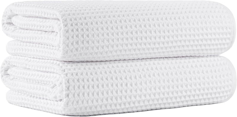 MICROFI New Microfiber Waffle Bath Towels, 2 Pieces, Oversized, Soft, Absorbent, Fast Drying, Lint Free (White) - Image 1