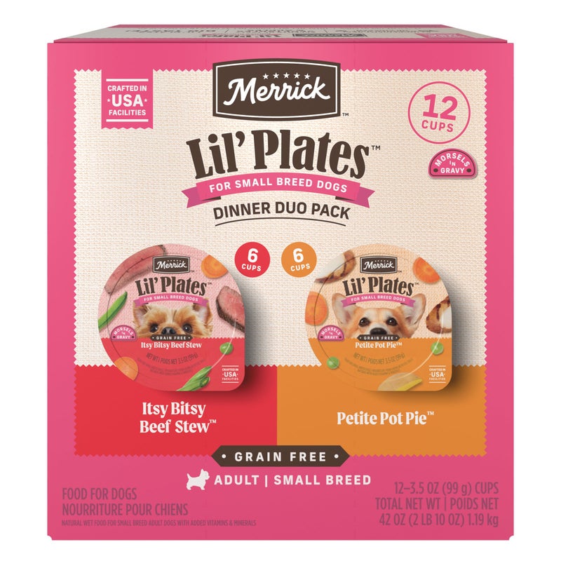 Merrick Lilâ€™ Plates Grain Free Dinner Duos Soft Natural Wet Small Dog Food Variety Pack, Beef and Chicken - (Pack of 1) 2.6 lb. Tubs - Image 1