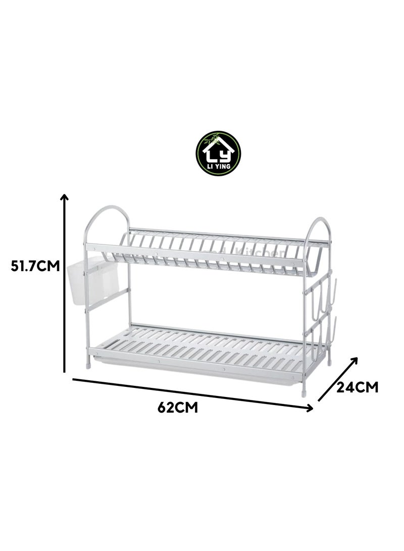Liying 2 Tier Dish Rack with Cup Holder, Dish Drainer with Automatic Drainage, Drainboard and Aluminium Utensil Holder Large Capacity  - Image 3
