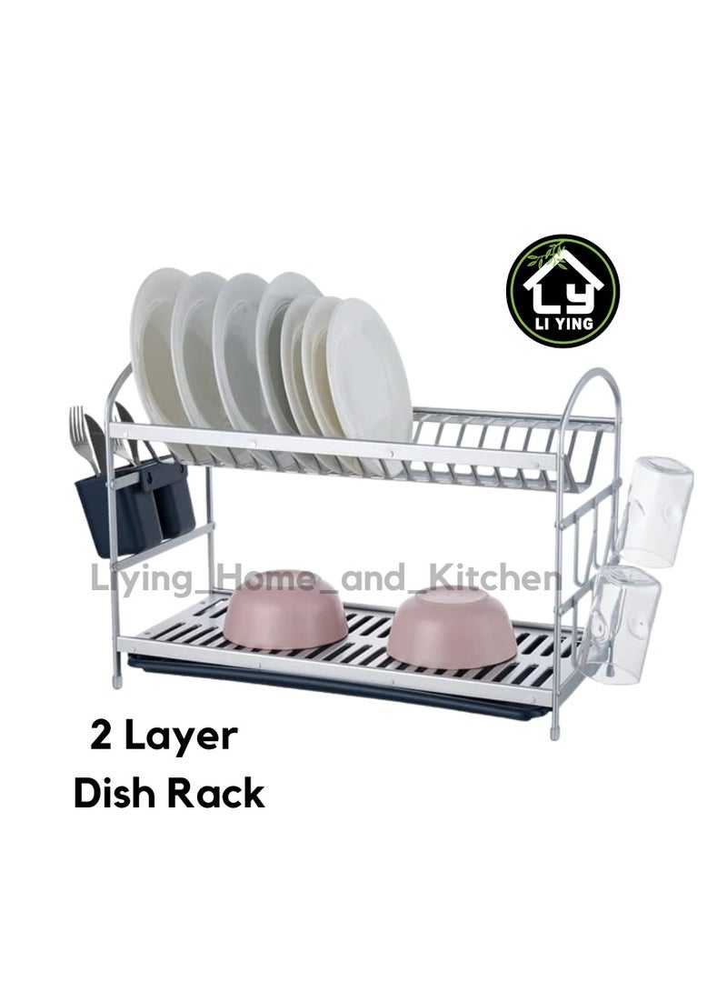 Liying 2 Tier Dish Rack with Cup Holder, Dish Drainer with Automatic Drainage, Drainboard and Aluminium Utensil Holder Large Capacity  - Image 4