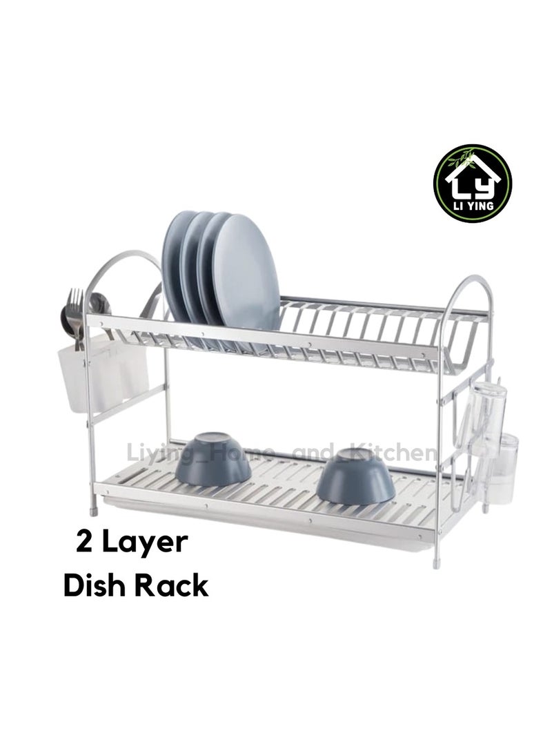 Liying 2 Tier Dish Rack with Cup Holder, Dish Drainer with Automatic Drainage, Drainboard and Aluminium Utensil Holder Large Capacity  - Image 2