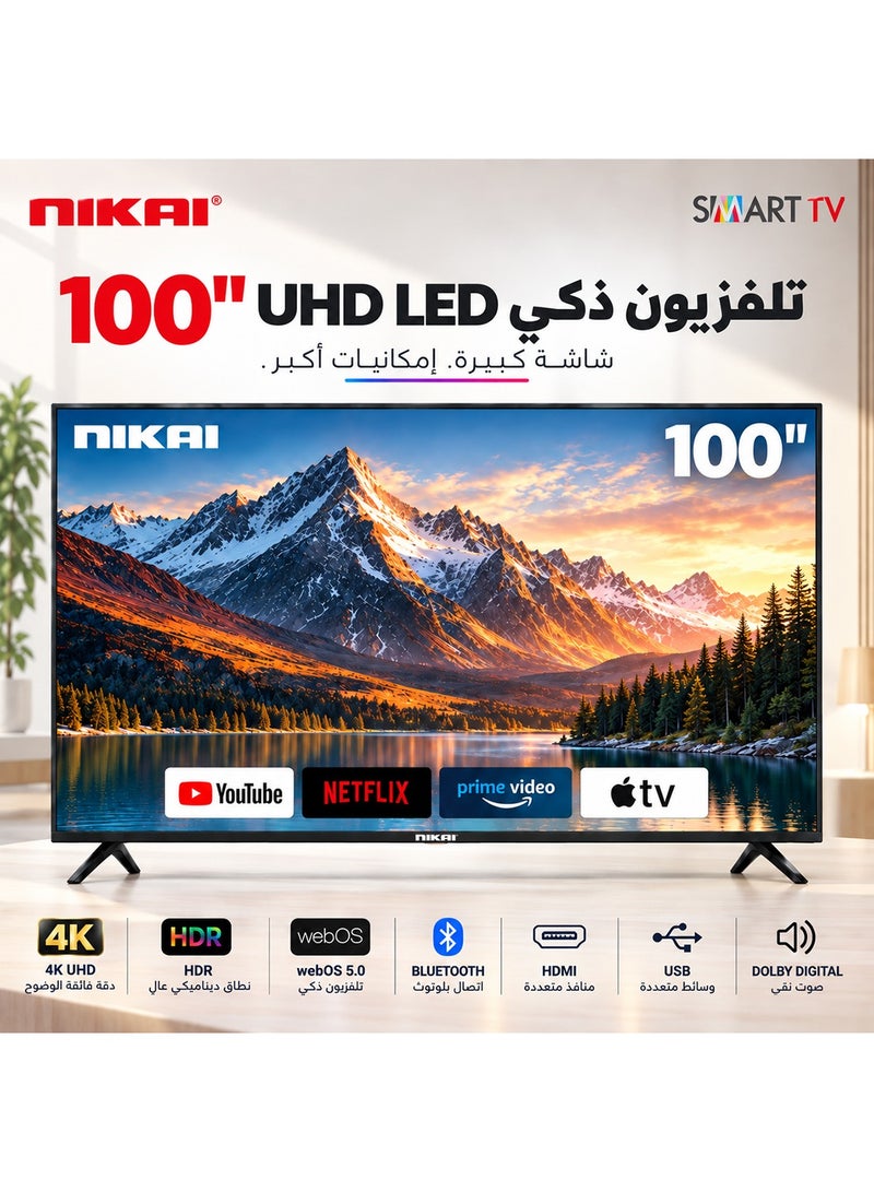 نيكاي تلفاز LED ذكي 100 بوصة UHD 4K مدعوم من WebOS Hub، يعمل مع Apple Air Play و Apple Home، تصميم شاشة سينما 4K Ultra HDR، صوت دولبي، تحكم صوتي ذكي، نتفليكس، يوتيوب، شاهد، 60 هرتز، سنة الطراز 2025، ضمان لمدة 2 سنة - - Image 1