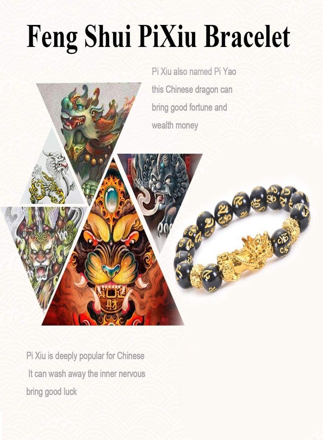 MANRUO Feng Shui The Best 10mm Black Hand Carved Mantra Bead Bracelet with Golden Pi Xiu/Pi Yao Lucky Wealthy Amulet Brecelet (1pcs) - Image 3