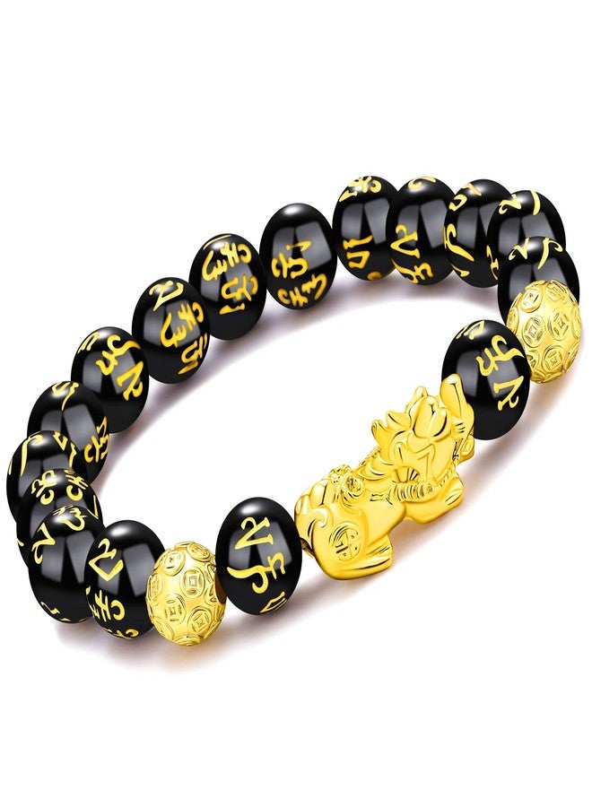 MANRUO Feng Shui The Best 10mm Black Hand Carved Mantra Bead Bracelet with Golden Pi Xiu/Pi Yao Lucky Wealthy Amulet Brecelet (1pcs) - Image 1