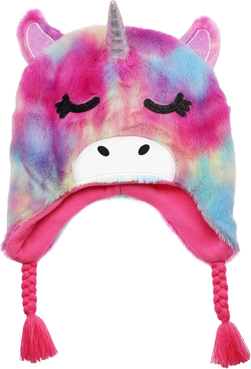 Newfancy Kids Little Girls Unicorn Beanie Winter Hat Rainbow Faux Fur Plush Fleece Lined Earflap Cap - Image 1