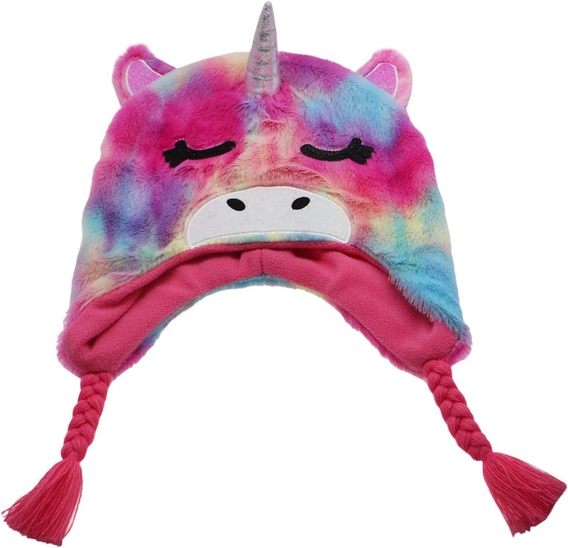 Newfancy Kids Little Girls Unicorn Beanie Winter Hat Rainbow Faux Fur Plush Fleece Lined Earflap Cap - Image 3