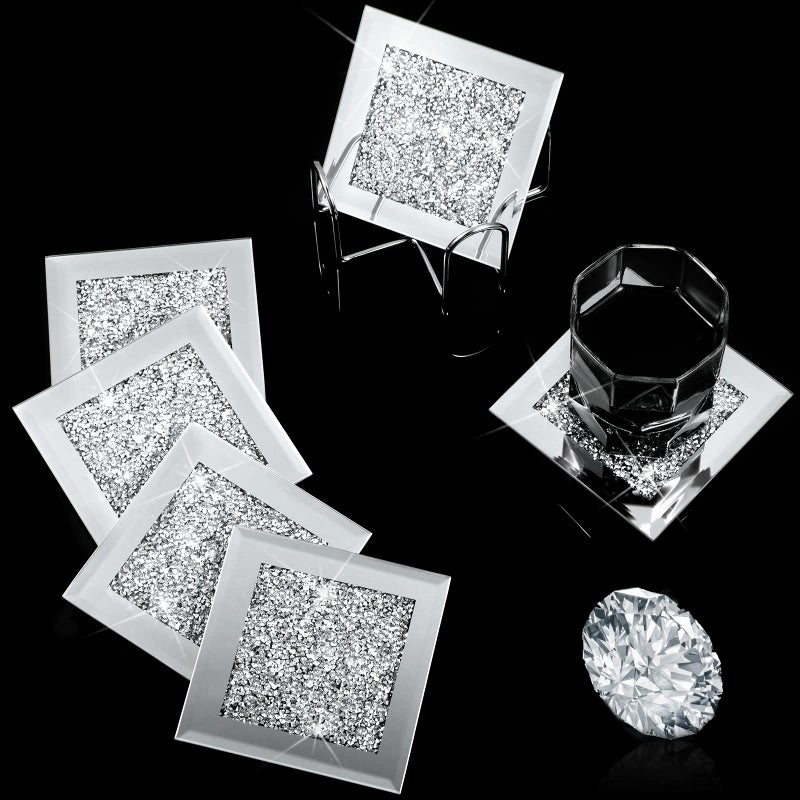 Jetec Crushed Diamond Home Decoration Glass Coaster Set of 6 with 1 Holder Crystal Mirrored Diamond Coasters Housewarming Gifts for Home Kitchen Bar TableSilver