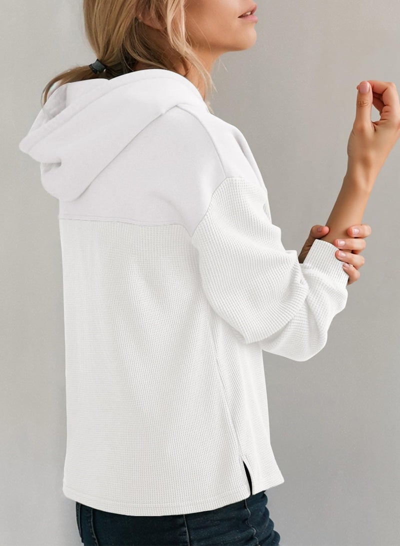Dokotoo Hoodies for Women Casual Long Sleeve Waffle Knit Pullover Sweatshirt Womens Fall Fashion Lightweight Drawstring Hooded Tops Sweaters Solid White Small - Image 3