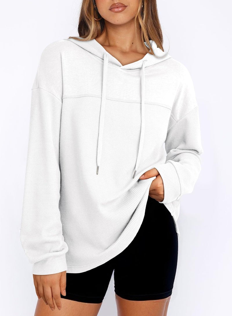 Dokotoo Hoodies for Women Casual Long Sleeve Waffle Knit Pullover Sweatshirt Womens Fall Fashion Lightweight Drawstring Hooded Tops Sweaters Solid White Small - Image 2