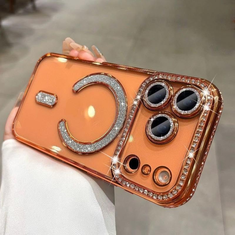 DIZORO® Compatible with (iPhone 17 Pro Max Case) Clear Luxury Diamond Glitter Case |Camera Lens Protector with Glitter Ring | Premium Shockproof Glossy Shiny Back Cover Case for Girls Women -Orange - Image 4