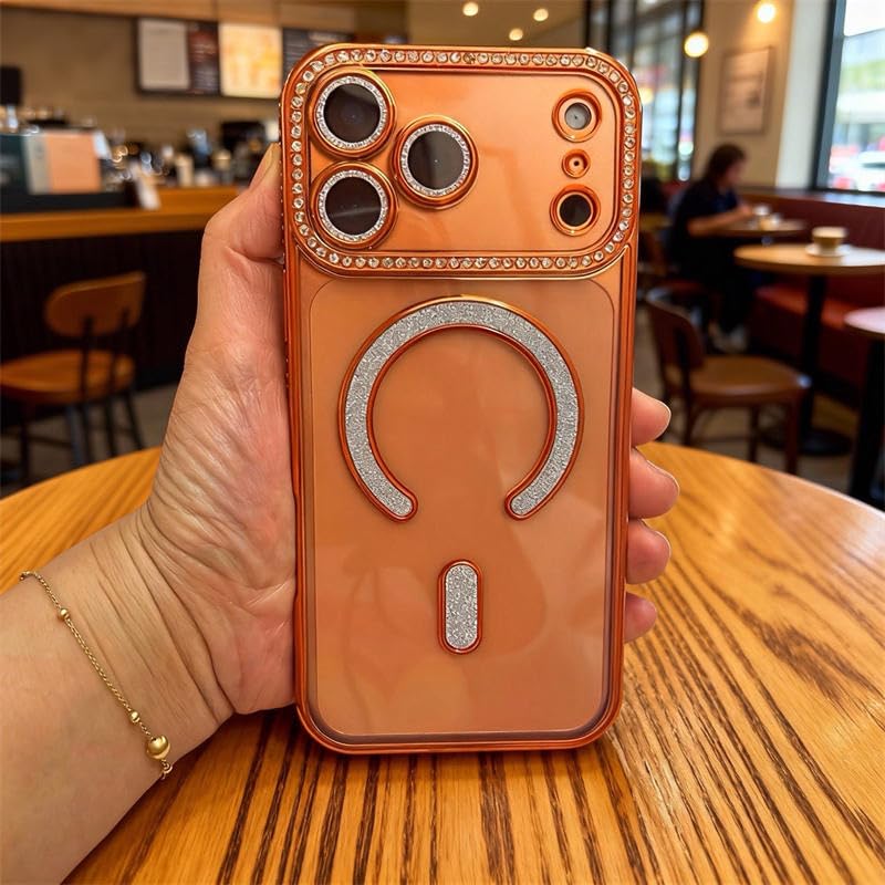 DIZORO® Compatible with (iPhone 17 Pro Max Case) Clear Luxury Diamond Glitter Case |Camera Lens Protector with Glitter Ring | Premium Shockproof Glossy Shiny Back Cover Case for Girls Women -Orange - Image 3