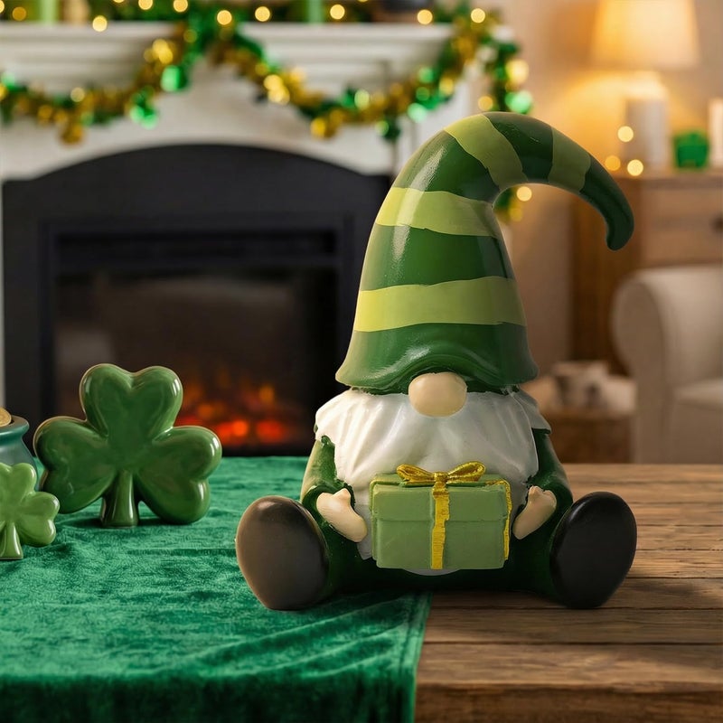 Sm:)e Smile Resin Figurines Set of 4 - Sweet St.Patrick's Day Gnome Shamrock Gift, Indoor Mantle Centerpieces and Tabletop Display - Image 5