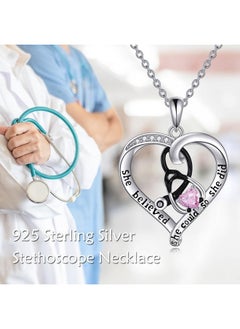 WINNICACA Nurse Graduation Gifts For Nurse Female Sterling Silver Stethoscope Necklace For Women October Birthstone Pink Heart Jewelry For Doctor Medical Student She Believe She Could So She Did  - Image 2