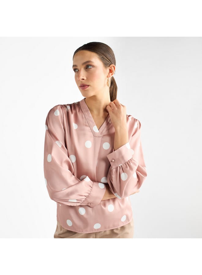 Splash FAV All-Over Polka Dot Print V-neck Top with Long Sleeves  - Image 1