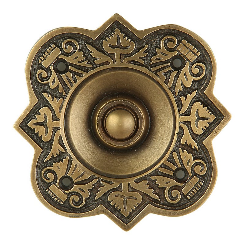 A29 Antique Brass Doorbell Button – 3 3/4" x 3 3/4" – Durable Finish in Brass with Recess Mount – Vintage Design, Wired for Two-Wire Chimes, Outdoor Use, Easy DIY Mounting with Screws - Image 1