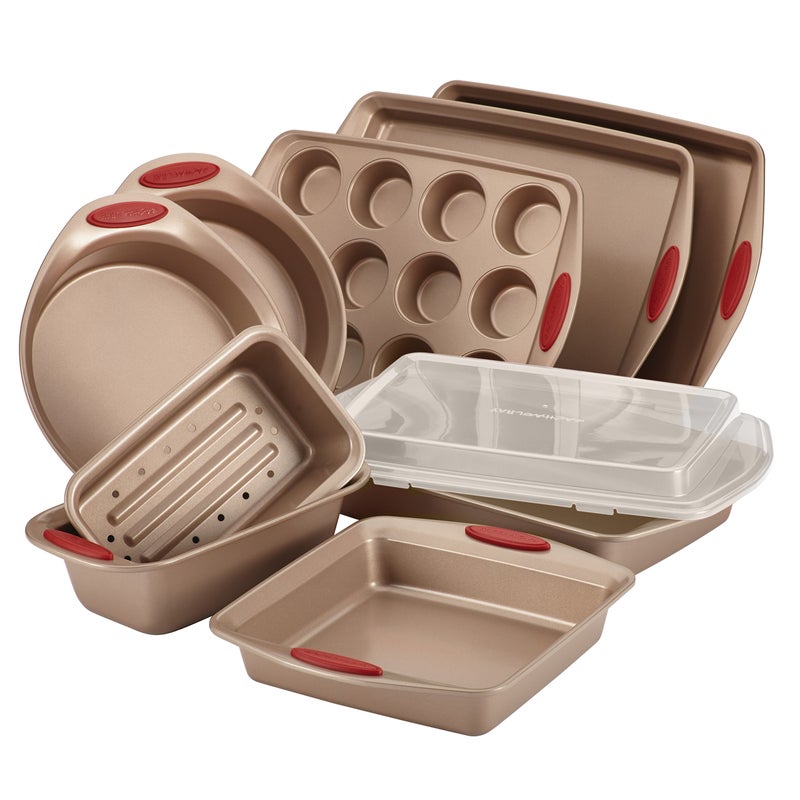 Rachael Ray Rachael Ray Cucina Nonstick Bakeware Set Baking Cookie Sheets Cake Muffin Bread Pan 10 Piece Latte Brown with Cranberry Red Grips 