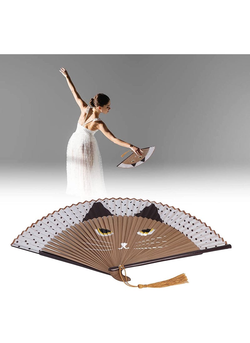 SYOSI - Folding Fan Handheld Fans Cat Cartoon Kung Fu Fan Elegant Chinese Japanese Style for Women Men Silk Folding Fans with Bamboo Frames for Dancing Cosplay Wedding Party Props Decoration( Brown) - Image 1