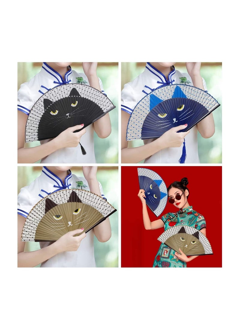 SYOSI - Folding Fan Handheld Fans Cat Cartoon Kung Fu Fan Elegant Chinese Japanese Style for Women Men Silk Folding Fans with Bamboo Frames for Dancing Cosplay Wedding Party Props Decoration( Brown) - Image 1