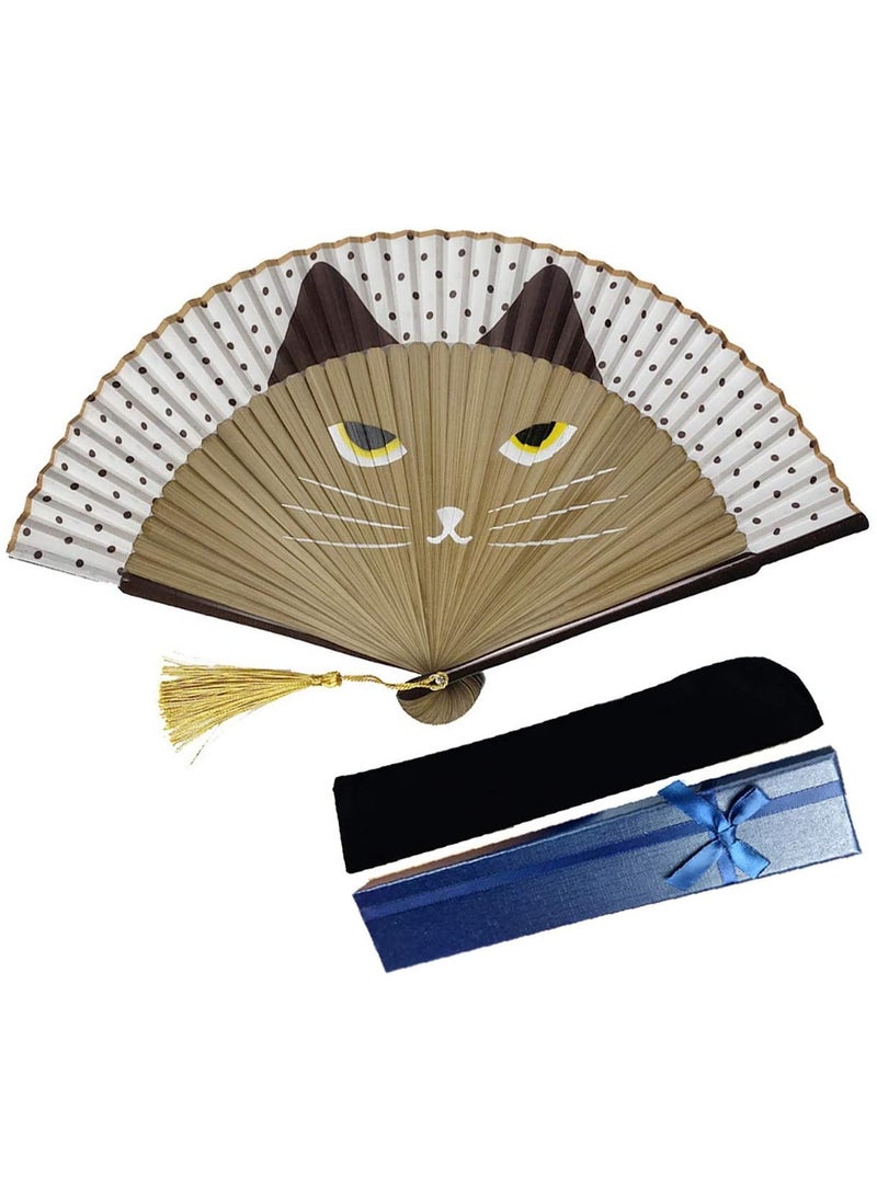 SYOSI - Folding Fan Handheld Fans Cat Cartoon Kung Fu Fan Elegant Chinese Japanese Style for Women Men Silk Folding Fans with Bamboo Frames for Dancing Cosplay Wedding Party Props Decoration( Brown) - Image 1