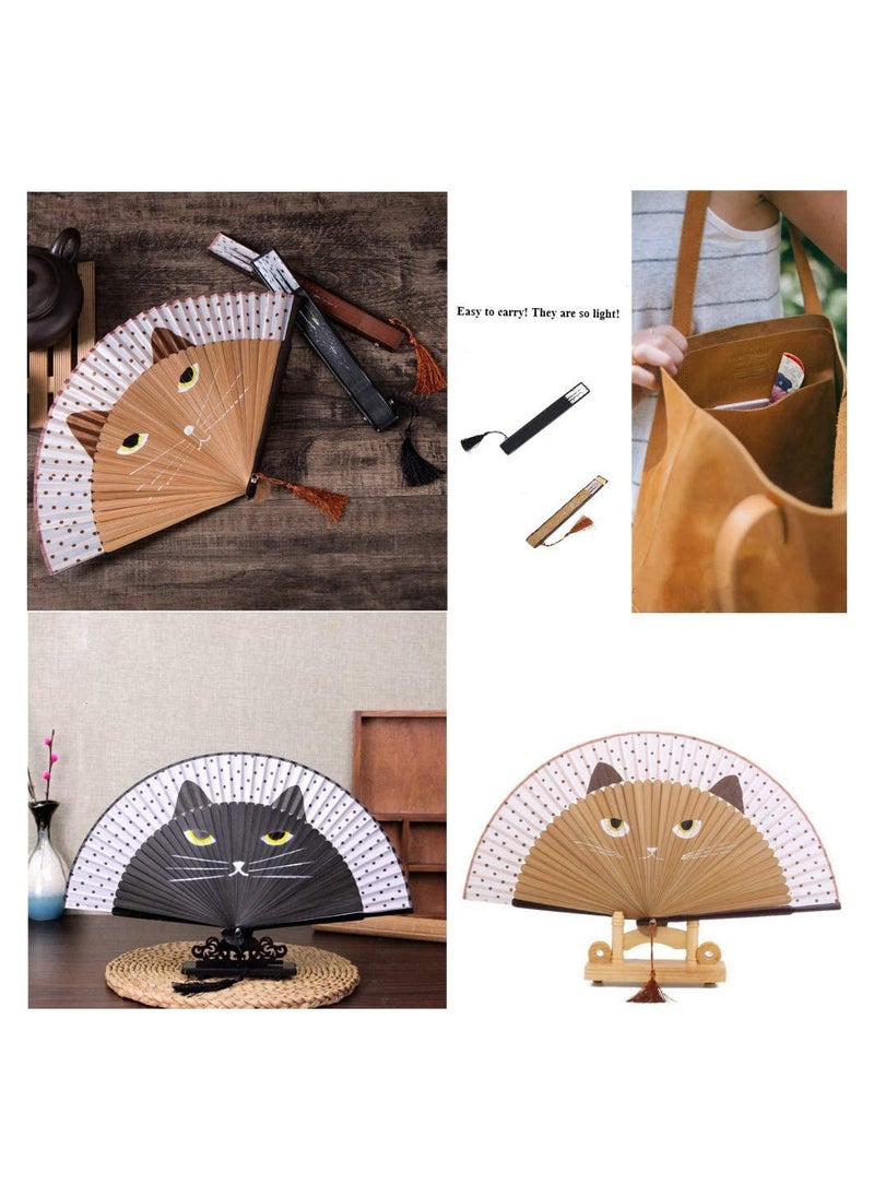 SYOSI - Folding Fan Handheld Fans Cat Cartoon Kung Fu Fan Elegant Chinese Japanese Style for Women Men Silk Folding Fans with Bamboo Frames for Dancing Cosplay Wedding Party Props Decoration( Brown) - Image 1