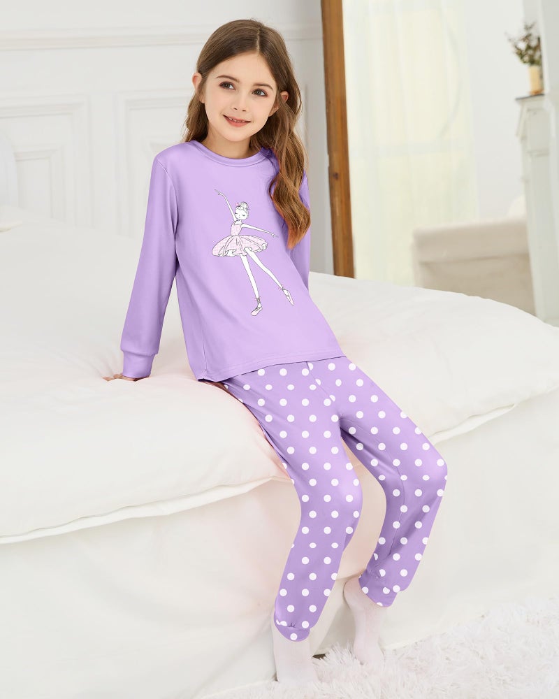 Mikrdoo Girls Pajamas Kids Pjs: 2 Piece Girls Pajamas Size 6 Long Sleeve Top and Polka Dot Pants Comfortable Pjs Cozy Sleepwear Purple Ballet - Image 2