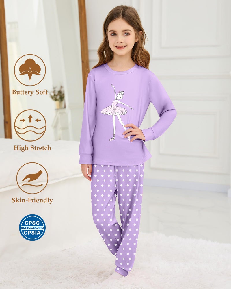 Mikrdoo Girls Pajamas Kids Pjs: 2 Piece Girls Pajamas Size 6 Long Sleeve Top and Polka Dot Pants Comfortable Pjs Cozy Sleepwear Purple Ballet - Image 4