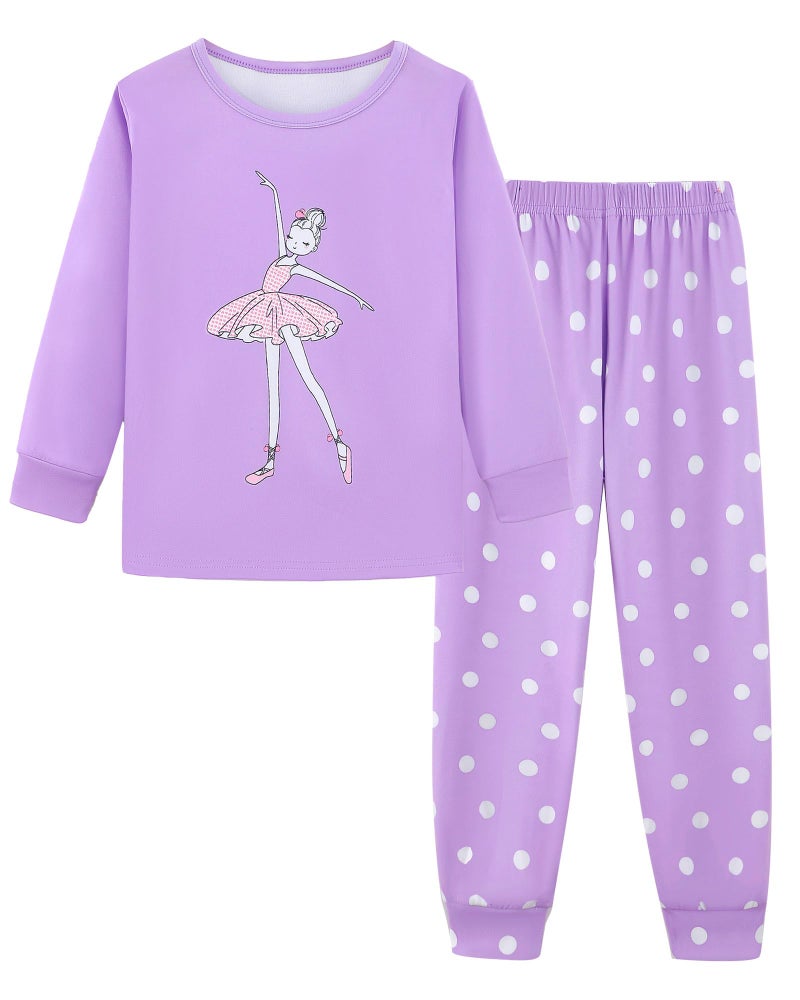 Mikrdoo Girls Pajamas Kids Pjs: 2 Piece Girls Pajamas Size 6 Long Sleeve Top and Polka Dot Pants Comfortable Pjs Cozy Sleepwear Purple Ballet - Image 1