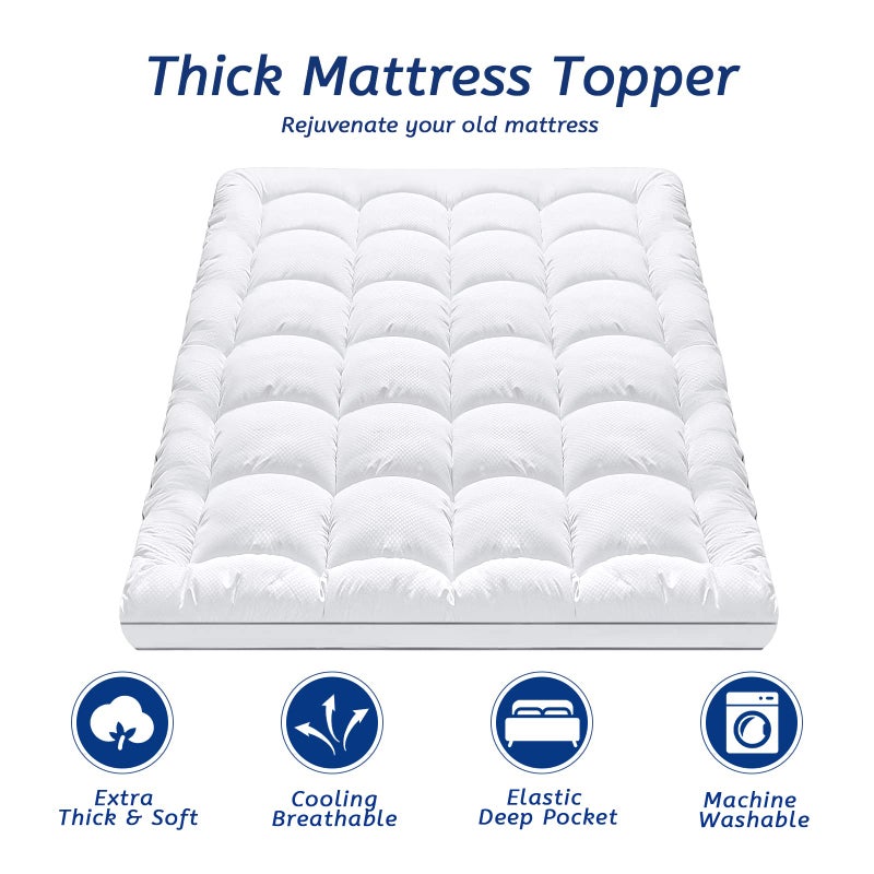 MATBEBY Queen Size Mattress Topper for Back Pain, Cooling Extra Thick Mattress Pad Cover with 8-21 inch Deep Pocket, Plush Pillow Top Mattress Topper Overfilled with Down Alternative, Queen Size, White - Image 2