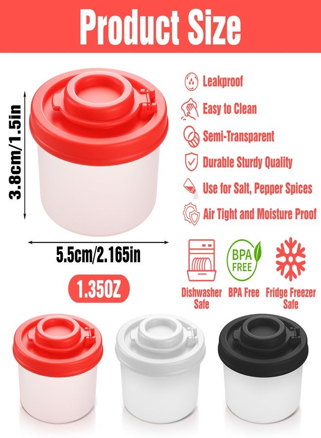 Quilax 3Pcs Mini Salt and Pepper Shakers, Plastic Lunch Salt and Pepper, Portable Plastic Travel Shaker for Camping, Picnic Outdoors, Lunch Boxes (Black, White, Red) - Image 2