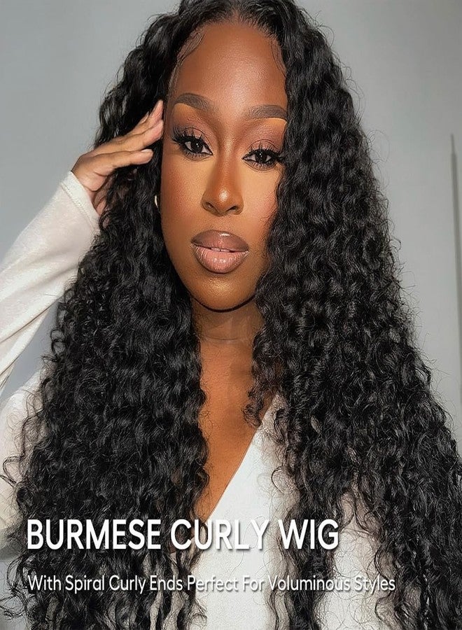 BLY Burmese Curly Glueless Wig Wear Go Human Hair Wigs with Spiral Ends 7x5 HD Lace Pre Cut Pre Plucked Bleached Knots 180% Density Natural Black 16 Inch - Image 3