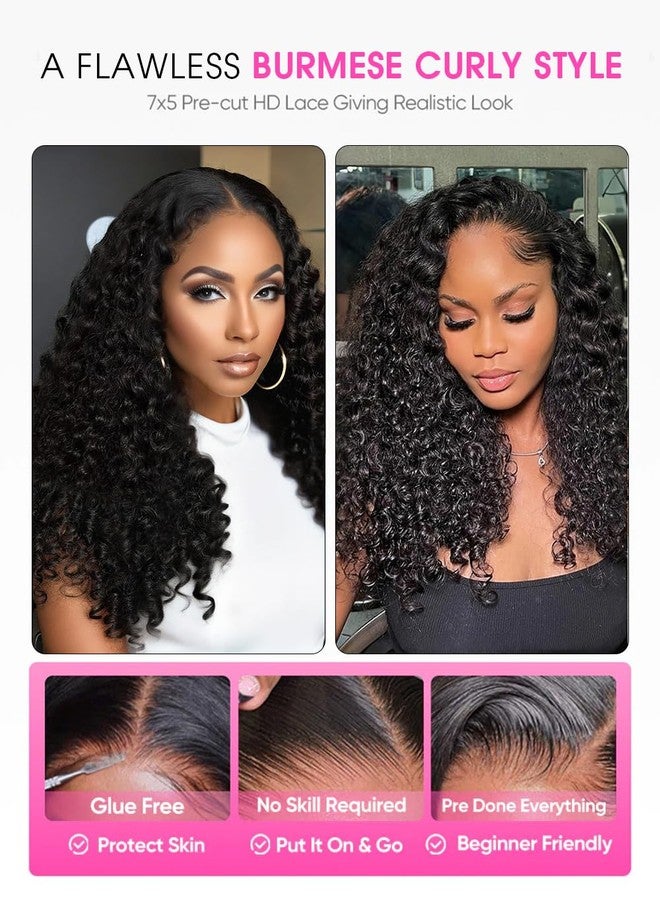 BLY Burmese Curly Glueless Wig Wear Go Human Hair Wigs with Spiral Ends 7x5 HD Lace Pre Cut Pre Plucked Bleached Knots 180% Density Natural Black 16 Inch - Image 4