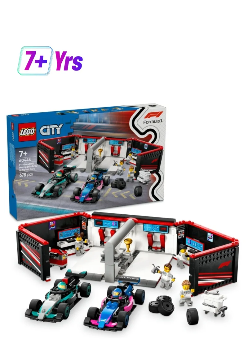 ليغو City F1 Garage & Mercedes-AMG & Alpine Cars - Toy Formula 1 Racing Vehicles Set with 2 Drivers & 4 Mechanic Minifigures - Gifts for 7+ Year Old Boys & Girls or Adult Fans - 60444 (678 pieces)
