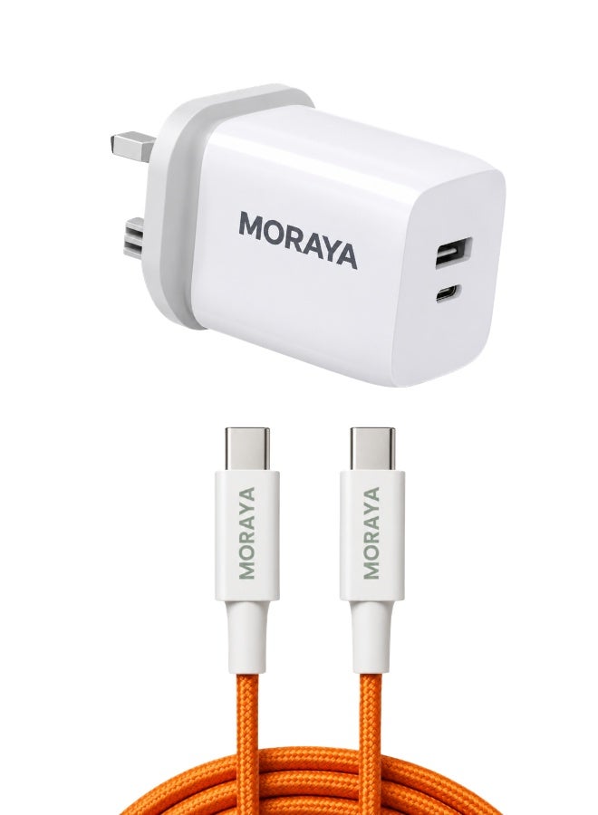 MORAYA 65W GaN Charger with Vector-03 Orange USB-C to USB-C Cable, Dual Port PD Fast Charging Adapter, 60W Braided Type-C Cable for iPhone 15/16/17, Samsung, MacBook, iPad & USB-C Devices