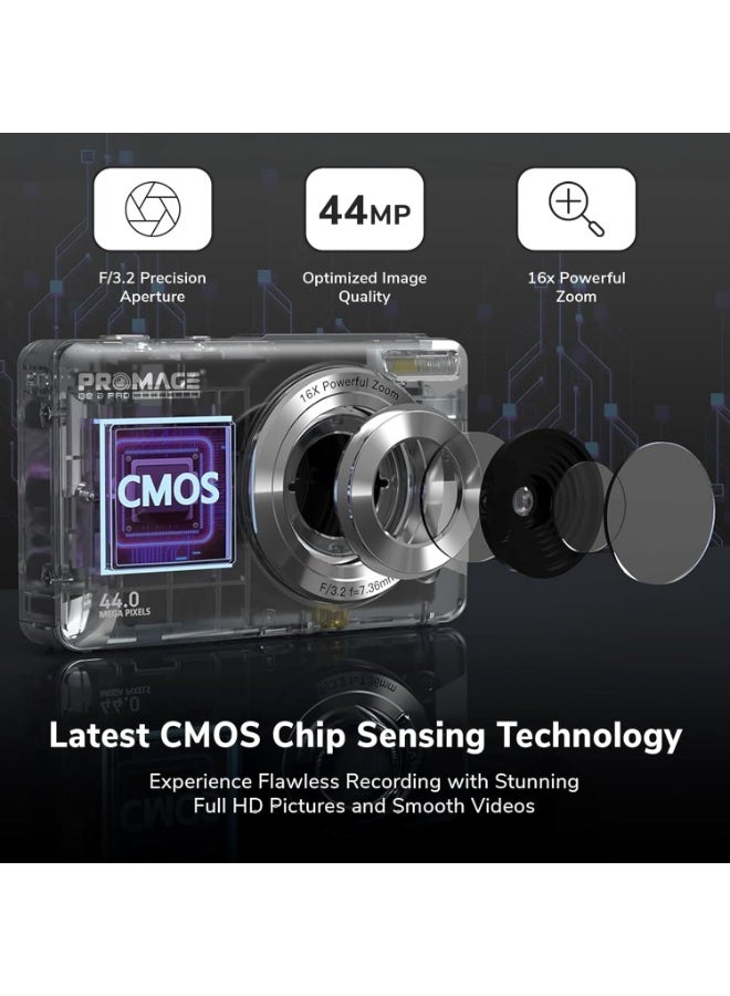 PROMAGE PROMAGE Digital Camera PC100 Black - 44MP Full HD 1080P Vlogging Camera with 16X Zoom & Solibag Case | Compact Point and Shoot for Kids, Beginners & Travel - Image 2