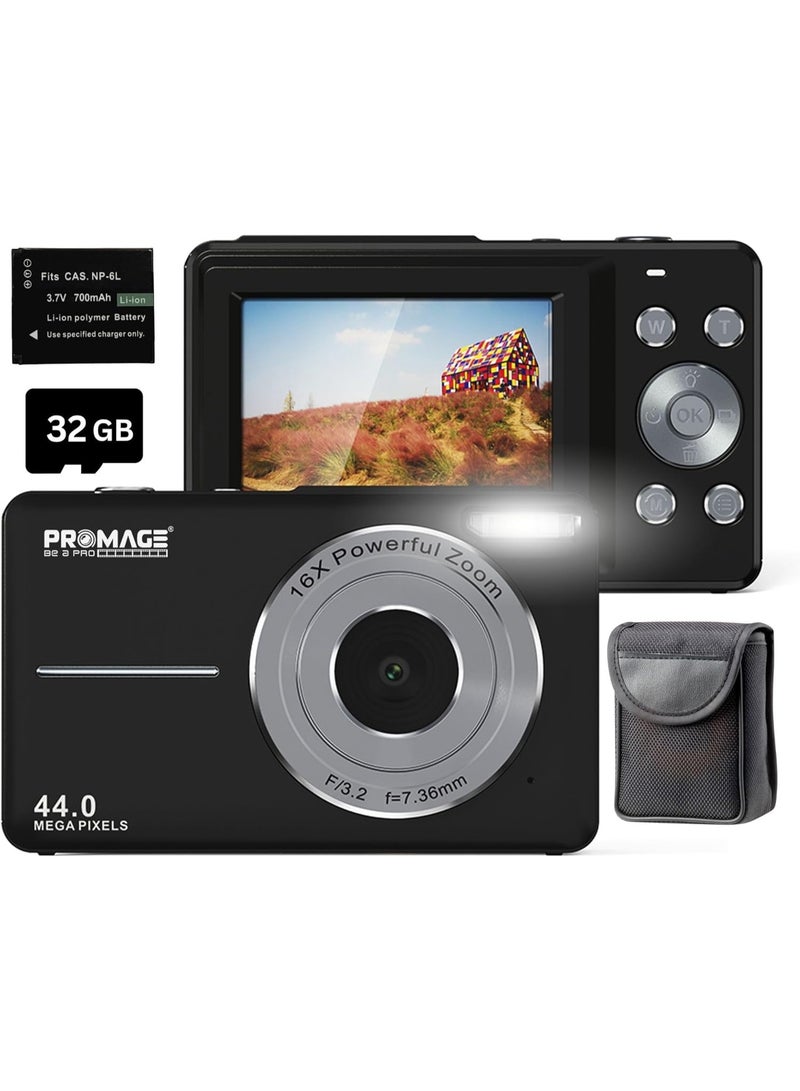 PROMAGE PROMAGE Digital Camera PC100 Black - 44MP Full HD 1080P Vlogging Camera with 16X Zoom & Solibag Case | Compact Point and Shoot for Kids, Beginners & Travel - Image 1