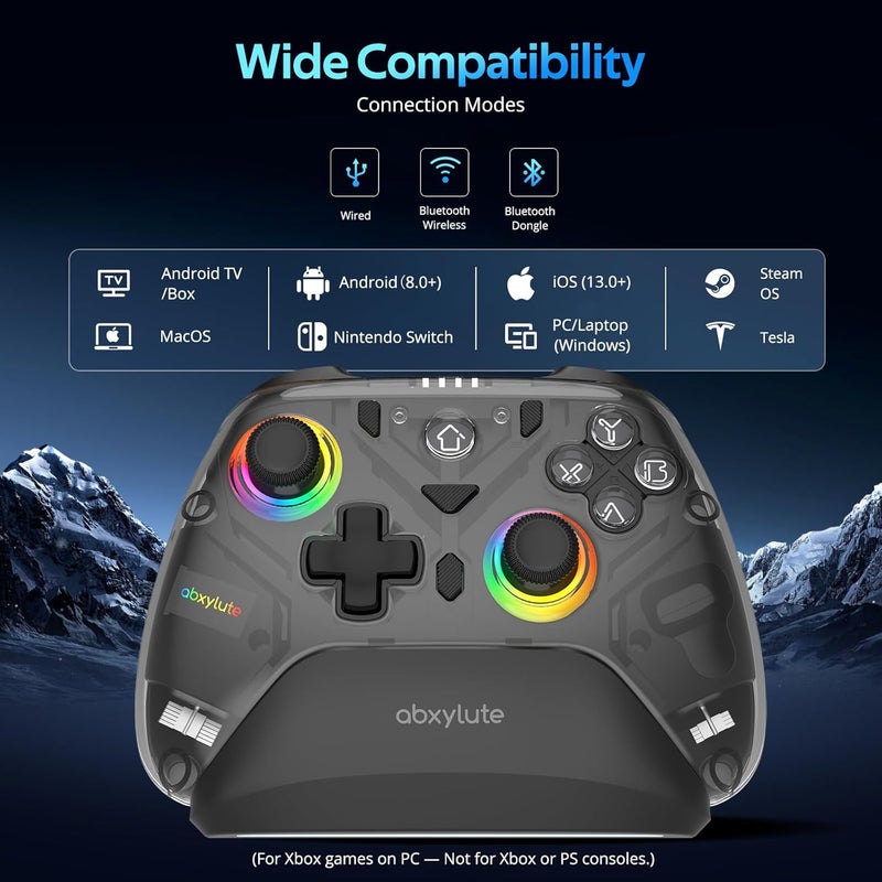 Abxylute وحدة تحكم C8 للكمبيوتر الشخصي - محول بلوتوث لاسلكي - عصا تحكم بتأثير هال وإضاءة RGB - مفاتيح ماكرو بتردد 1000 هرتز - وحدة تحكم ألعاب ذات اهتزاز مزدوج لأنظمة ويندوز وأندرويد وسويتش وستيم والتلفزيون وآي أو إس مع قاعدة شحن - Image 2