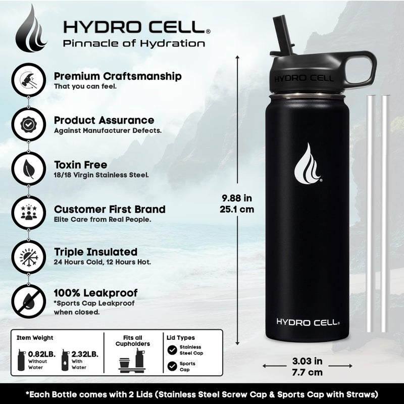 HYDRO CELL Stainless Steel Insulated Water Bottle with Straw - For Cold & Hot Drinks - Metal Vacuum Flask with Screw Cap and Modern Leakproof Sport Thermos for Adults (Black 24oz) - Image 3