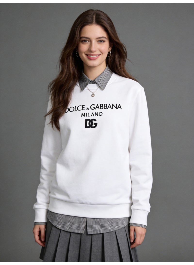D&G Women's White D&G Round Neck Sweatshirt - Classic Logo Pattern Pullover, Loose Casual Version, Suitable for Luxury Casual Wearing - Image 3