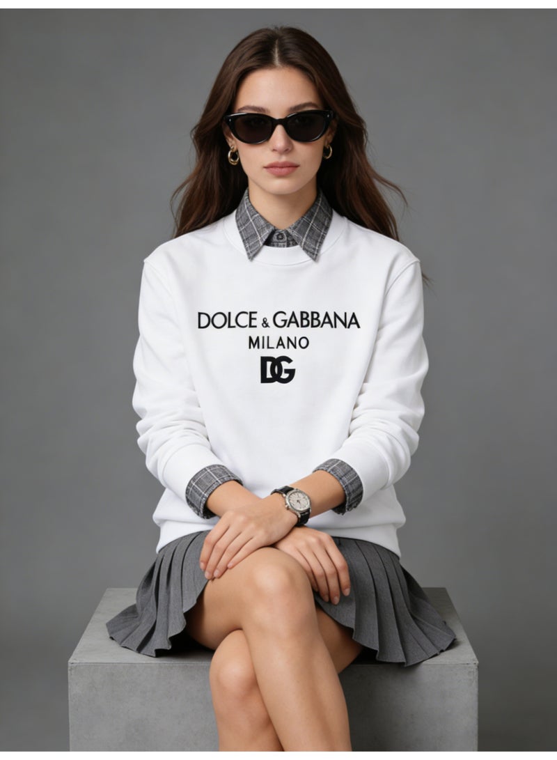 D&G Women's White D&G Round Neck Sweatshirt - Classic Logo Pattern Pullover, Loose Casual Version, Suitable for Luxury Casual Wearing - Image 1