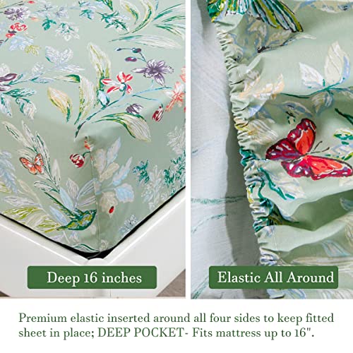 URBONUR Garden Floral Sheets Set Sage Green 4Pcs Full Size, Egyptian Cotton Silky Cooling Bed Sheets Set, Wrinkle Resistant Deep Pocket 16 Inches (Full, Green Leaves Butterfly & Floral) - Image 5
