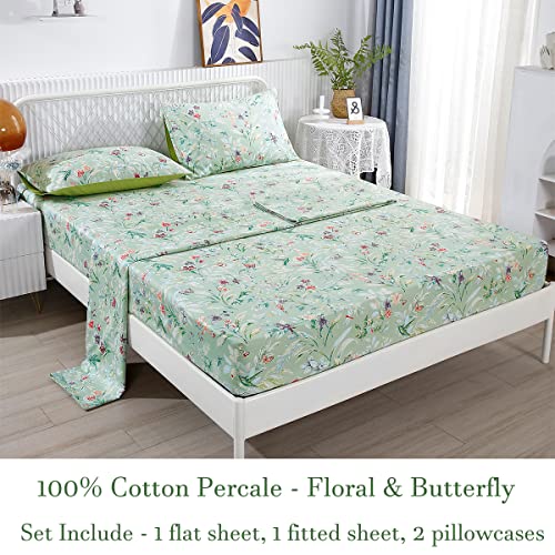 URBONUR Garden Floral Sheets Set Sage Green 4Pcs Full Size, Egyptian Cotton Silky Cooling Bed Sheets Set, Wrinkle Resistant Deep Pocket 16 Inches (Full, Green Leaves Butterfly & Floral) - Image 2