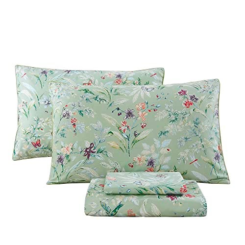 URBONUR Garden Floral Sheets Set Sage Green 4Pcs Full Size, Egyptian Cotton Silky Cooling Bed Sheets Set, Wrinkle Resistant Deep Pocket 16 Inches (Full, Green Leaves Butterfly & Floral) - Image 1