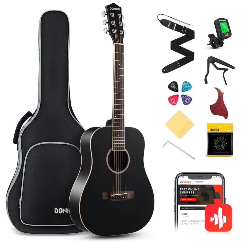 Donner Acoustic Guitar for Beginner Adult 36 Dreadnought 34 Size Black Guitar Bundle Package Kit Travel Spruce Wood With Gig Bag Capo Tuner Strap String Guitar Picks DAG1MBDAT110D