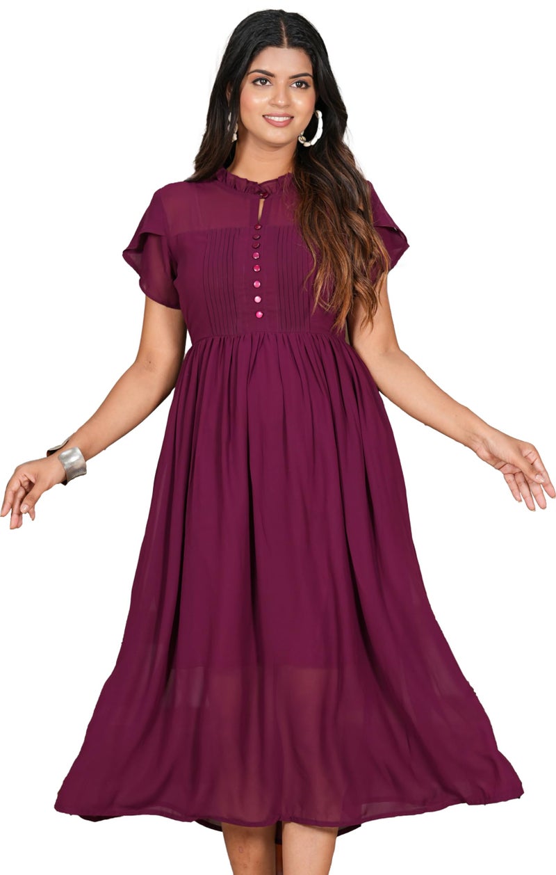 Yash Gallery Women's Wine Pleated Georgette Anarkali Dress (Wine) - Image 1