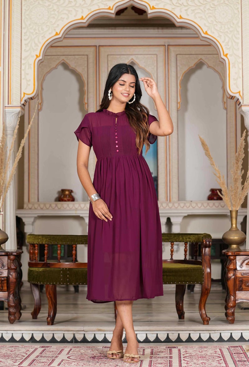 Yash Gallery Women's Wine Pleated Georgette Anarkali Dress (Wine) - Image 2