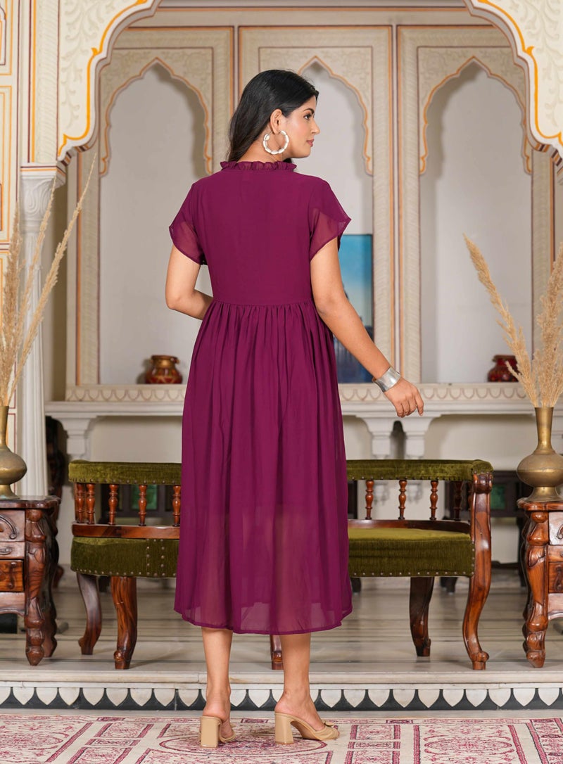 Yash Gallery Women's Wine Pleated Georgette Anarkali Dress (Wine) - Image 4