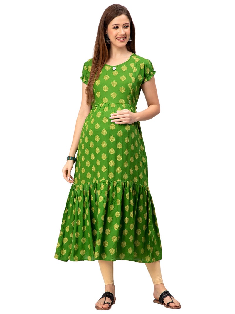 CEE 18 Cotton Rayon A-Line Flaired Maternity Feeding Kurti for Women with Zippers | Maternity Dress in Breathable Fabric for Pre and Post Pregnancy & Nursing for Mom (Large, Golden Green) - Image 1