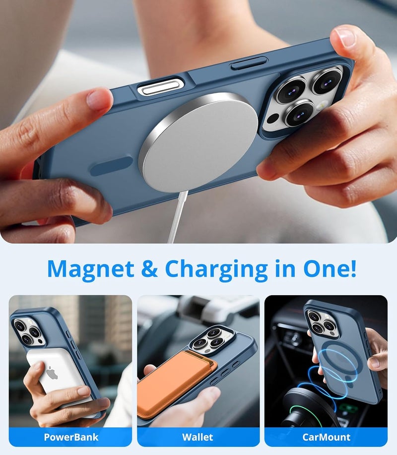 حافظة مغناطيسية لـ iPhone 16 Pro مع زجاج واقي واحد، متوافقة مع Magsafe، حماية من السقوط وفق المعايير العسكرية، ظهر غير لامع شفاف، حافظة هاتف مقاومة للصدمات، أزرق داكن - Image 3
