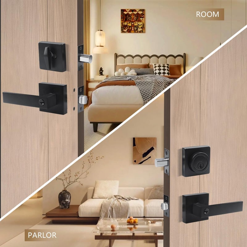 DSJJBLL Exterior Door Handle with Single Cylinder Deadbolt,Front Door Handle and Deadbolt Set,Matte Black Keyed Alike Heavy Duty Door Lever Locksets Right & Left Sided Doors,1 Key 1 Combo - Image 2